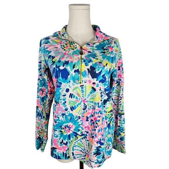 Lilly Pulitzer Skipper Pullover Top XS "Dive In" Half-Zip Tropical Blue Pink - Picture 1 of 11